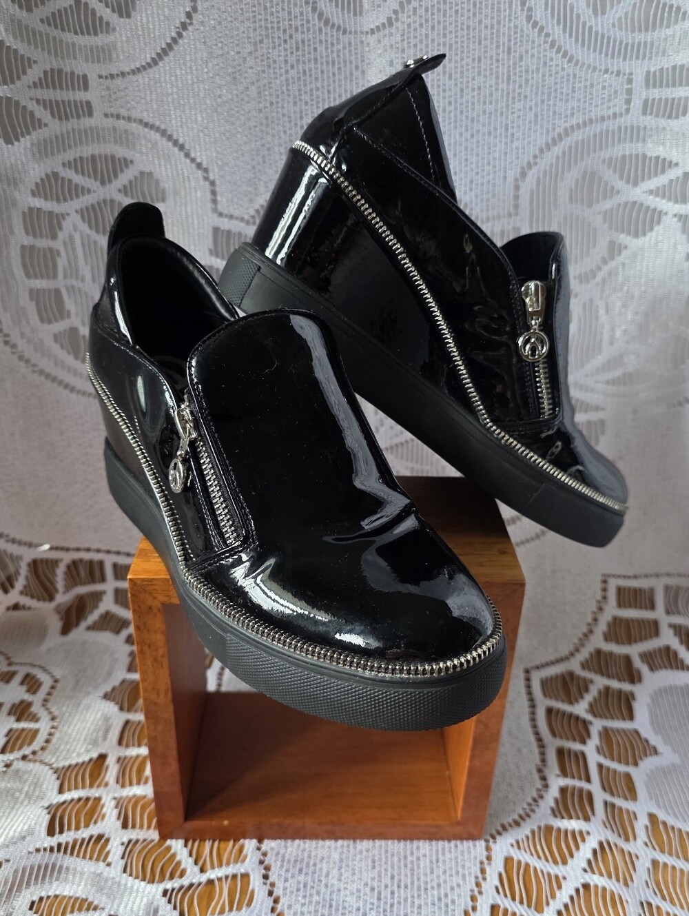 Wishbone Black Patent Slip-On Wedge Sneakers with Double Zipper Details